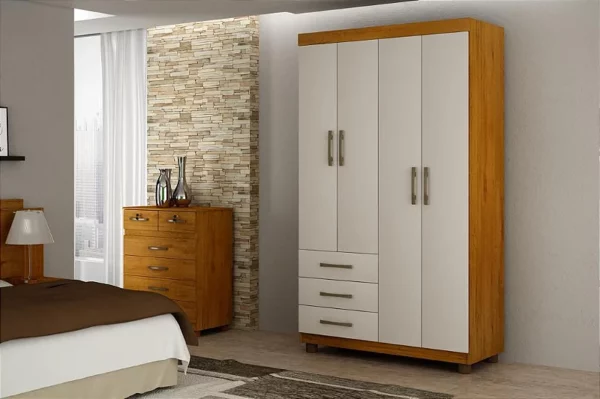 GUARDA ROUPA VERONA 4 PORTAS 3 GAVETAS 100% MDF- CINAMOMO/OFF- NYNE