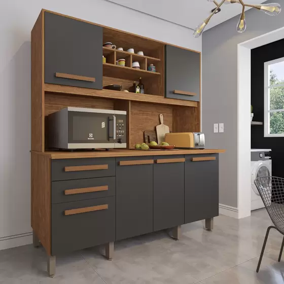 KIT COZINHA LUNA 6 PORTAS 2 GAVETAS - IMOP - CINAMOMO/GRAFITE