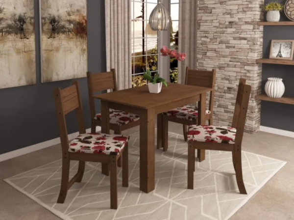 CONJUNTO MESA CARIBE 1.10Cm COM 4 CADEIRAS ASSENTO: FLORAL - INDEKES - NOCE/OFF WHITE
