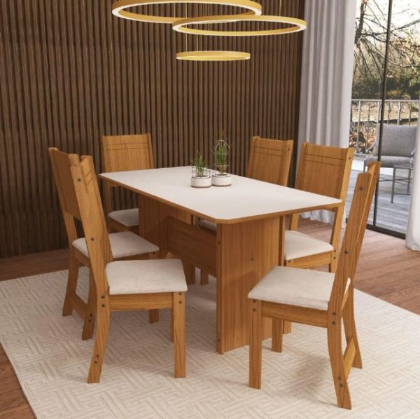 CONJUNTO MESA EVORA 1.50Cm COM 6 CADEIRAS LISBOA - INDEKES - NOCE/OFF WHITE
