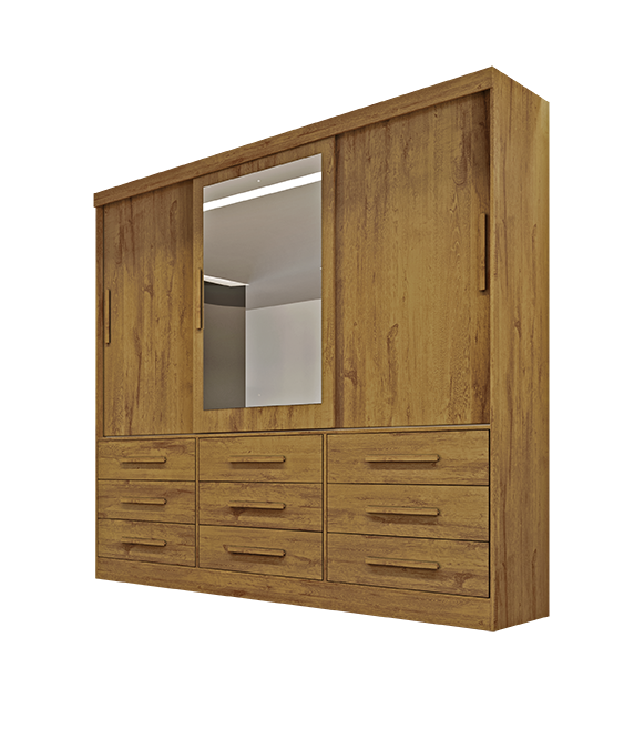 GUARDA-ROUPA ATHENAS - 3 PORTAS DE CORRER 9 GAVETAS C/ ESPELHO - BIANCHI - NATURE