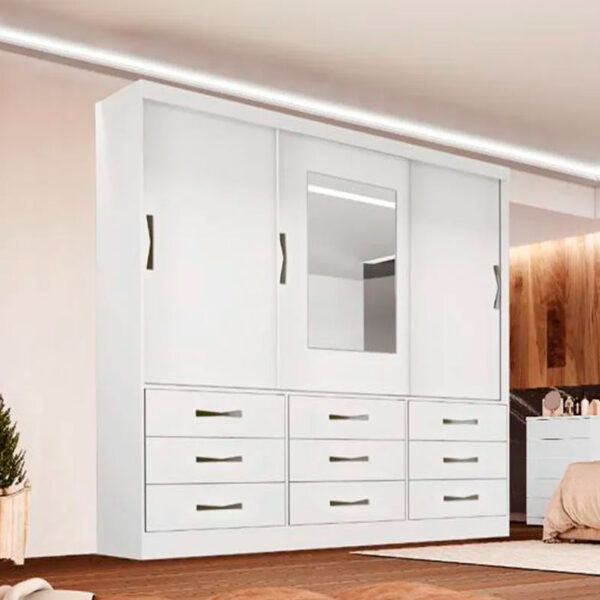 GUARDA-ROUPA ATHENAS - 3 PORTAS DE CORRER 9 GAVETAS C/ ESPELHO - BIANCHI - BRANCO