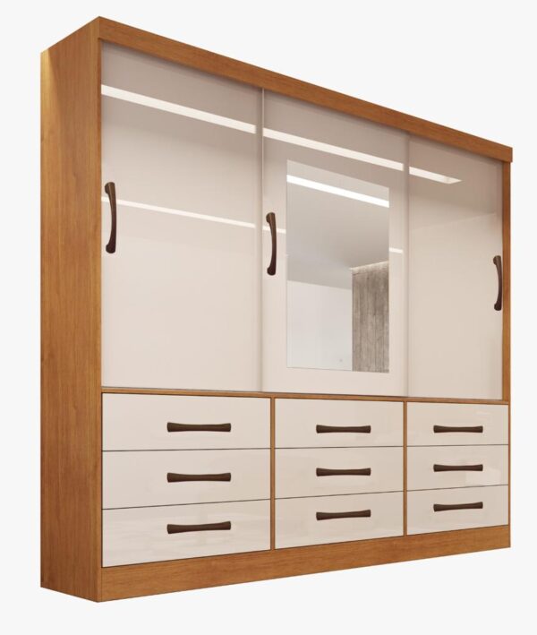 GUARDA-ROUPA ATHENAS - 3 PORTAS DE CORRER 9 GAVETAS C/ ESPELHO - BIANCHI - NATURE/OFF WHITE