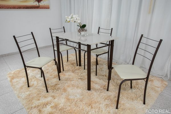 CONJUNTO MESA RIO 1.00X0.60 - MARROM C/TAMPO OFF WHITE 4 CADEIRAS - TEIXEIRA