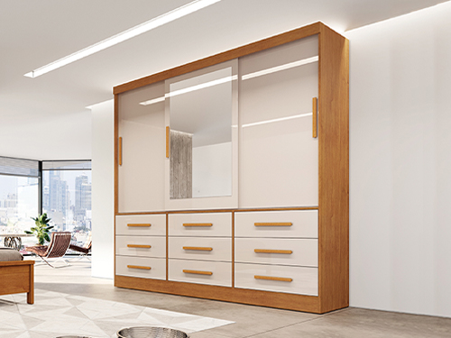 Guarda Roupa Turim 3 Portas de Correr com Espelho Off White/Nature