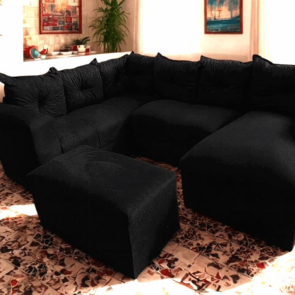 Sofá de Canto 6 lugares com Puff Preto Resistente